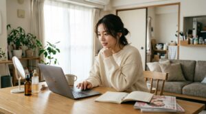 パソコンで美容業界の求人を調べる女性